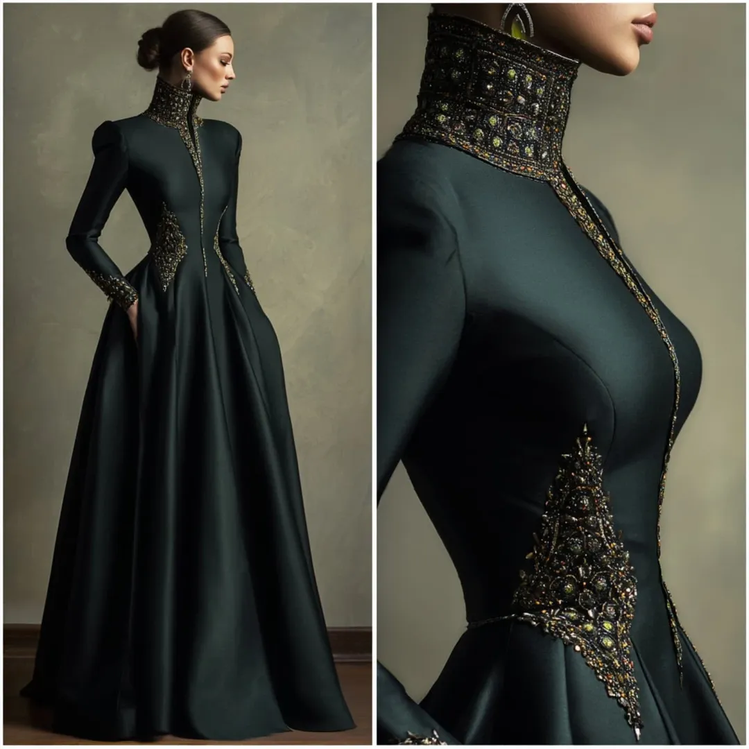 لباس مجلسی ساتن براق با سنگ‌دوزی طلایی-برنزی